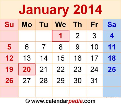 Calendar For January 2014
